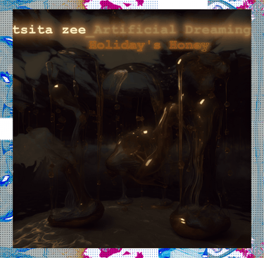 Album cover for Single "Holiday's Honey" with code-style letters, copper sculptures below sea.