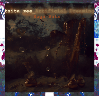 Album cover for Single "Suga Bats" with code-style letters, ethereal image of harps, bats, bubbles.