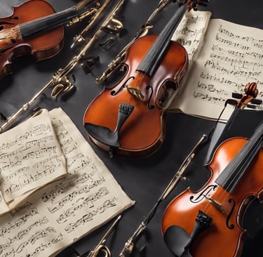 a violin and musical instruments on a table