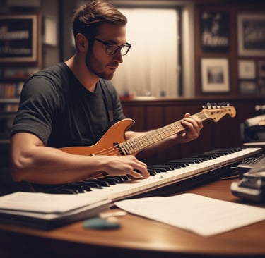 a man playing a guitar and guitar in a recording studio