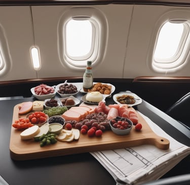 Luxurious interior of a private jet featuring two beige leather seats with a wooden table in between. The table has integrated cup holders and a small tray with reading material. A soft blue blanket is folded on one seat, and a plaid blanket is draped over the other.
