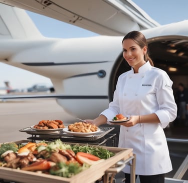 A sleek white private jet is parked on the tarmac under partly cloudy skies. The aircraft features two engines and several small windows along the fuselage. A white tent and a blue building are visible in the background, along with a flagpole.