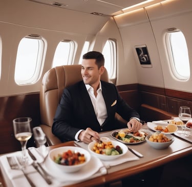 A person is seated comfortably inside a private jet, wearing a blue suit jacket and light-colored trousers. The interior features plush beige leather seats and a window through which soft light filters, creating a serene atmosphere. The cabin has elegant wood and gold-tone detailing.
