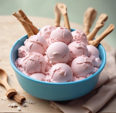A creamy vanilla ice cream topped with a rich chocolate sauce and sprinkled with crushed nuts, served in a clear cup. The background is softly blurred, emphasizing the smooth texture and vibrant colors of the dessert.