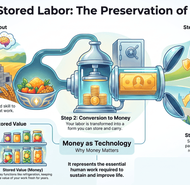 Infographic explaining money as stored labor and value through conversion and deployment steps.