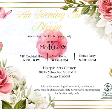 An Evening in Bloom, save the date flyer for the Plate & Pathways 2026 fundraising gala