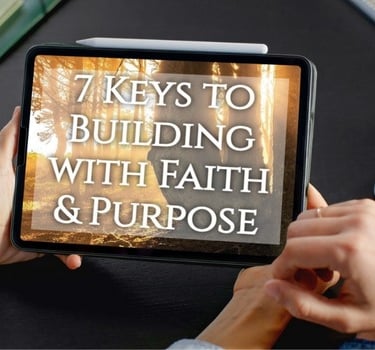 a person holding a tablet with the words 7 keys to building a successful faith & purpose FREE eBook