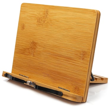 Bamboo book stand with black page holder on white