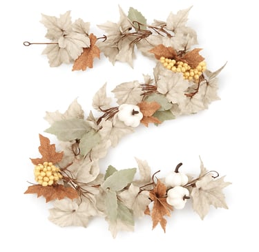 Neutral fall garland with soft leaves, cotton, and berries in an S-shape on white background