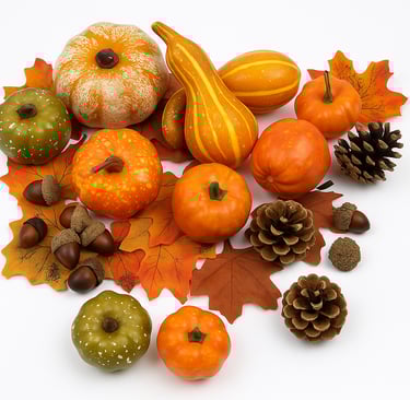 A detailed image of assorted faux pumpkins, pinecones, leaves, and acorns arranged in a cluster