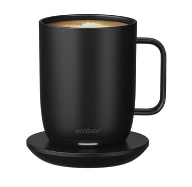 Matte black Ember smart mug with matching charging base on a white background