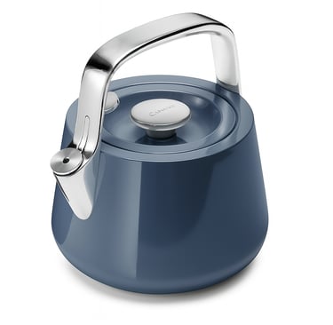 Dark blue Caraway stovetop tea kettle with stainless steel handle and spout