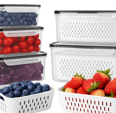 stackable produce storage containers filled with berries tomatoes and greens on a white background