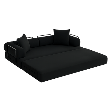 black convertible sofa bed with metal armrests and matching pillows on a white background