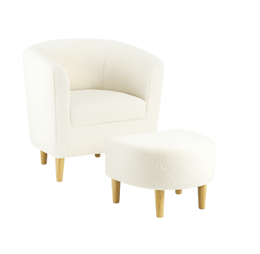 white barrel accent chair with matching ottoman and light wood legs