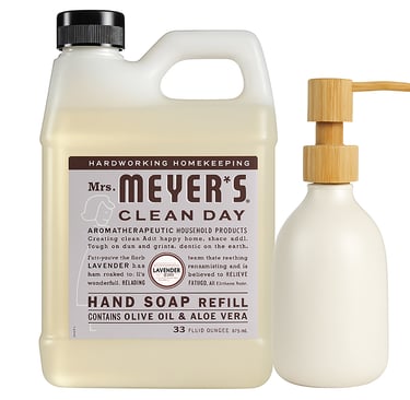 Mrs. Meyer’s Clean Day lavender hand soap refill bottle with cream ceramic dispenser