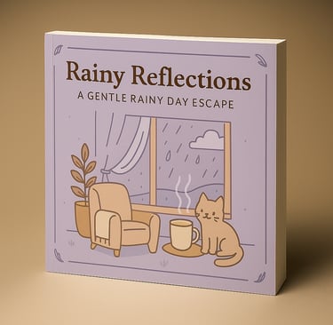 Rainy Reflections cozy coloring book with purple cover showing a cat, armchair, and rainy window sce