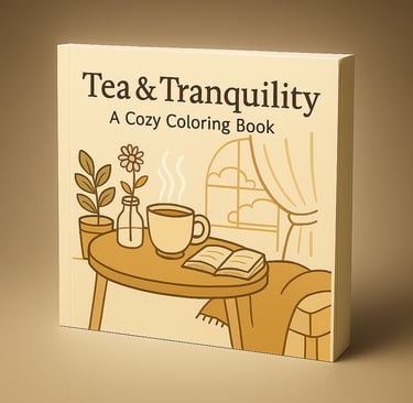  Tea and Tranquility cozy coloring book with warm tan cover featuring a table, tea cup, book, and wi