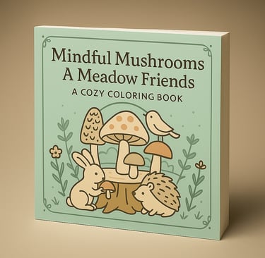 Mindful Mushrooms A Meadow Friends cozy coloring book with green cover featuring woodland animals an