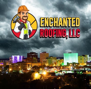Enchanted Roofing, LLC logo over a stormy night sky and illuminated city skyline for emergency roofing services.