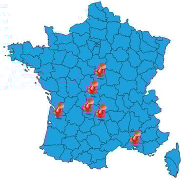 Carte de la France avec une épingle sur Bordeaux, Aurillac, Bourges, Istres, Guéret et Brive