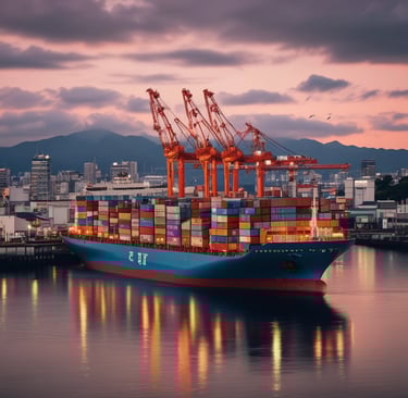 A freight train with a red locomotive is traveling on railway tracks beside large, industrial silos and structures. The sky is overcast, and the area appears to be part of an industrial zone.