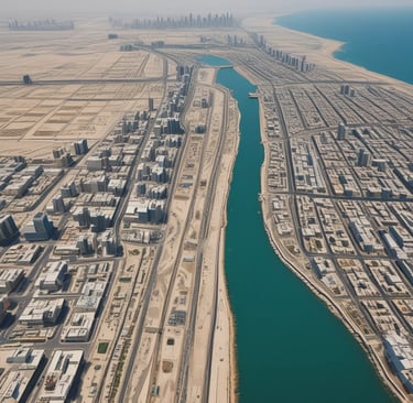 A freight train with cargo containers stretches across a railway track in an open area. In the background, a mountain range is visible under a clear blue sky with scattered clouds. The area in the foreground is a barren, gravelly terrain.