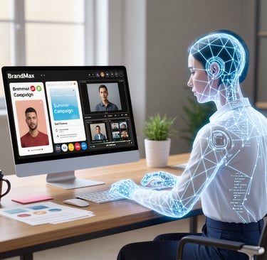a person sitting at a desk with a computer screen displaying a virtual interface