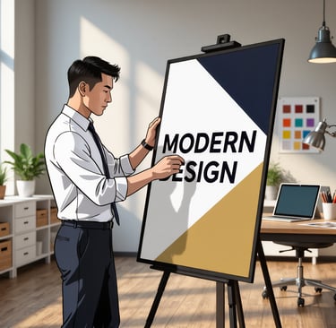 a man standing in front of a poster board