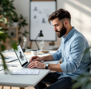 a man sitting at a table with a laptop and a laptop