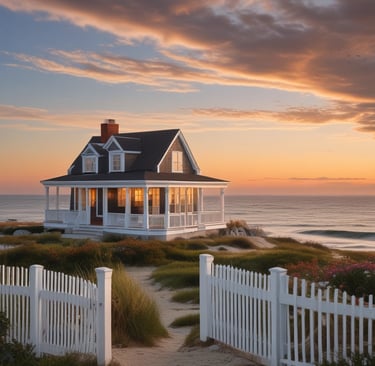 An elegant hillside estate surrounded by lush green foliage, set against a backdrop of partly cloudy skies. The estate includes large, ornate buildings with rustic red roofs and a cottage near the water's edge.