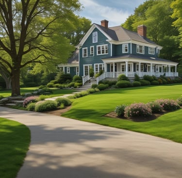 An aerial view of a luxury waterfront property with a contemporary architectural style featuring geometric shapes and a terracotta-colored roof. A sleek white boat navigates the adjacent dark green water. A rectangular swimming pool is visible in the backyard, surrounded by palm trees and a patio.