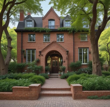 An elegant, large estate with intricate architecture, featuring numerous spires and chimneys. A manicured lawn with symmetrical stripes leads to a fountain in front of the building. Lush green trees line both sides of the pathway, and there is a tram on a paved road to the right.