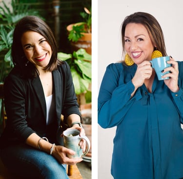 Kristina and Tanya in separate images, drinking tea. 