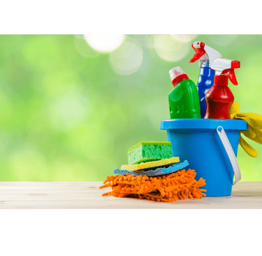 Cleaning supplies in a blue bucket