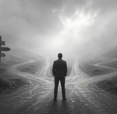 Leader standing at a foggy crossroads representing decision-making under uncertainty