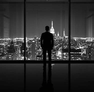 Black and white image of a business leader standing in a boardroom at night, with a layered reflecti