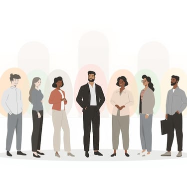 Diverse team with blended colored glows representing Big Five personality traits working together.