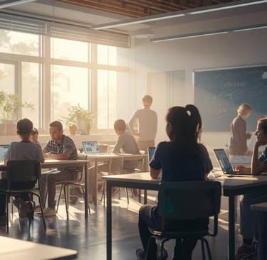 Students in a classroom learning how to think critically and ethically alongside AI