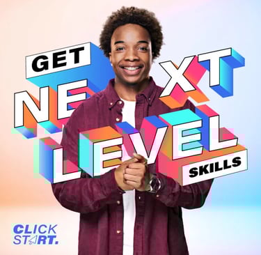 A photo of a man in a dark red shirt smiling, surrounded by the words "Get next level skills"