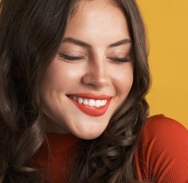 woman wearing red teeth whitening