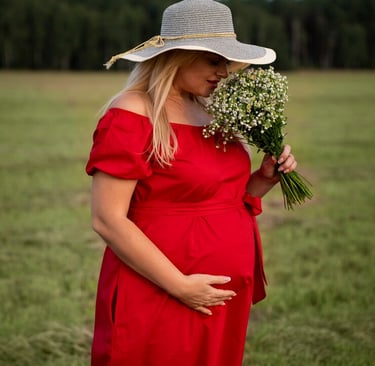 pregnant woman wearing red skin tone smoothing 