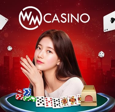 a woman holding a casino card game with a casino table