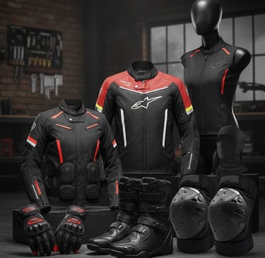 Accesorios de protección para moto, incluyendo rodilleras, guantes y chaqueta con protecciones