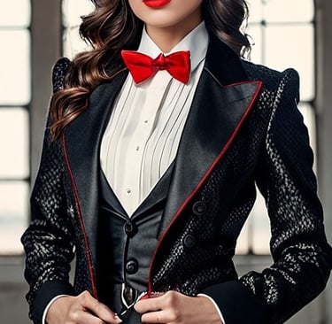 AI created image of model wearing red bowtie with tuxedo-style jacket and vest.