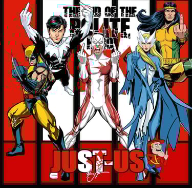 Alpha Flight and Wolverine comic book art parody showing Canadian superheroes gesturing rudely.