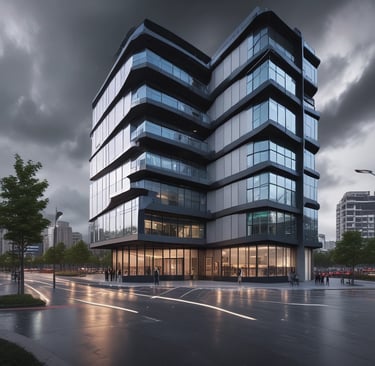 A logo sign attached to the wooden exterior of a building, featuring a stylized design in light and dark colors. Below the logo, text appears in a bold font. The background includes part of the building's facade and a view of street elements such as power lines and a street lamp, under a blue-tinged sky.