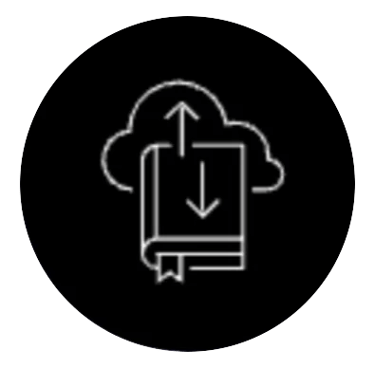 Icon white outline on black, with a book and multiple arrows and cloud.