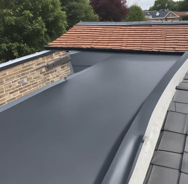 A person is working on a corrugated metal roof, wearing a harness for safety. They appear to be engaged in some kind of maintenance or repair work, holding equipment or tools. The roof is weathered and shows patches of rust and wear.