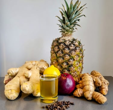 The Raw Root Co. Fresh ingredients : Turmeric, Ginger, Pineapple, Apple, Lemon, Extra Virgin Olive Oil, Black Pepper. 
